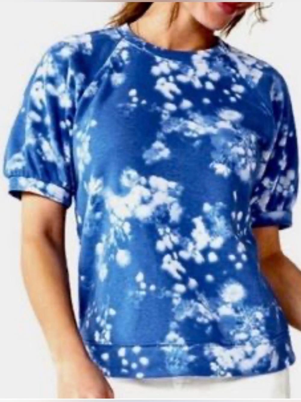 Sonoma Goods For Life brand women's blue bleach floral puff sleeve sweatshirt